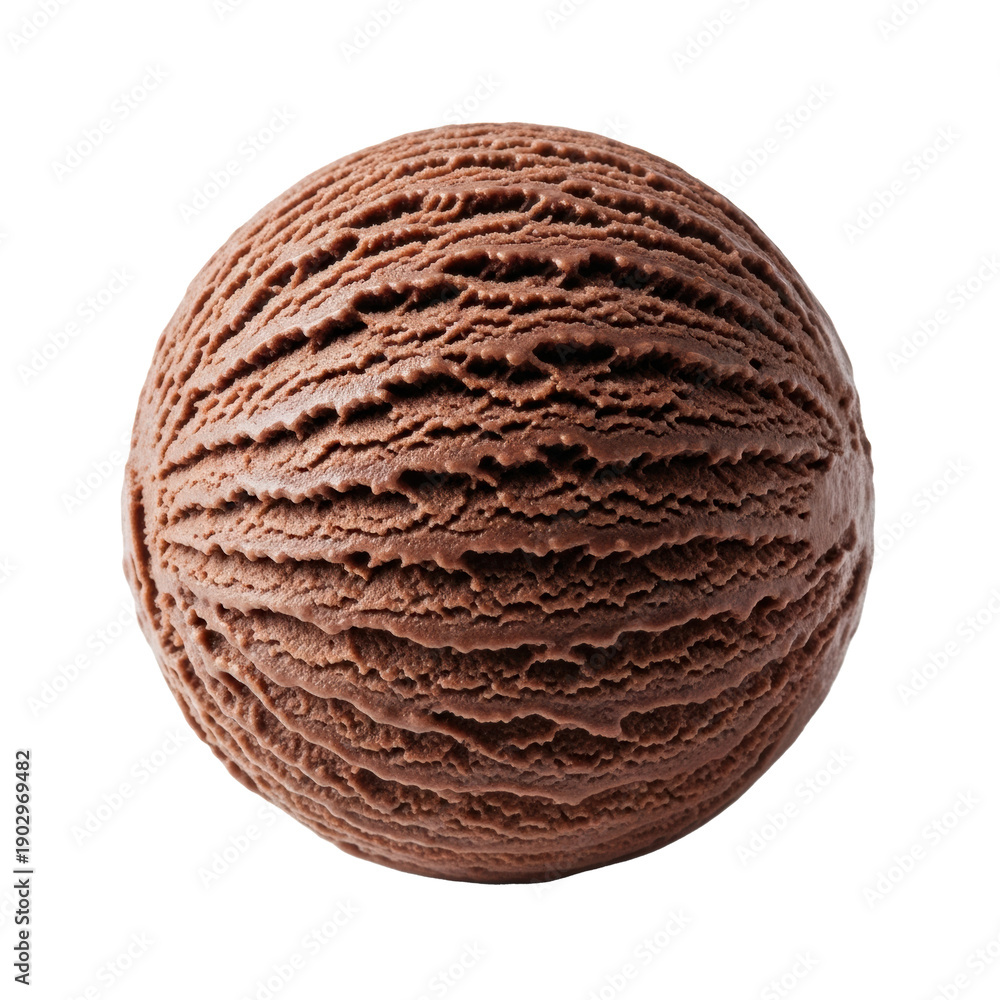 Fototapeta premium A single, perfectly spherical scoop of premium dark chocolate ice cream with a glistening melty sheen, isolated on a brilliant white background, detailed macro close-up, commercial advertising