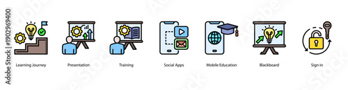 Training and Presentation Tools web banner icon vector illustration featuring Learning Journey, Presentation, Training, Social Apps, Mobile Education, Blackboard, and Sign In.