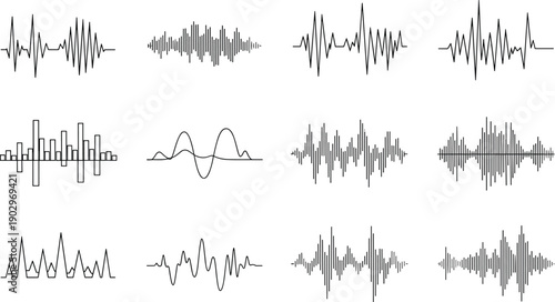 Audio waveform and sound signal visualization set illustration featuring music waves, voice frequency patterns, digital audio analysis, equalizer shapes, and abstract sound technology elements