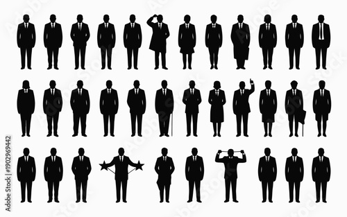 Collection of business people silhouettes in various poses and gestures on white background