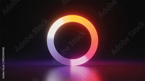 Abstract glowing circle with vibrant gradient colors reflecting on a dark, sleek surface, representing digital innovation and modern design