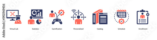 Personalized EdTech Experience web banner icon vector illustration featuring Virtual Lab, Statistics, Gamification, Personalized, Catalog, Schedule, and Enrollment.