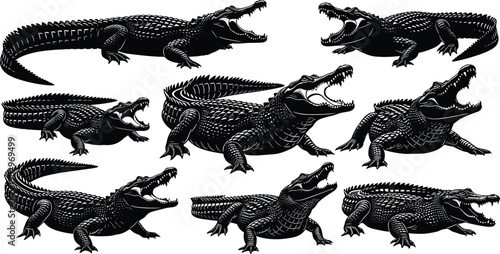 Alligator and crocodile silhouette illustration set showing aggressive poses isolated on white background, detailed black vector reptile wildlife collection for danger, nature, and design projects