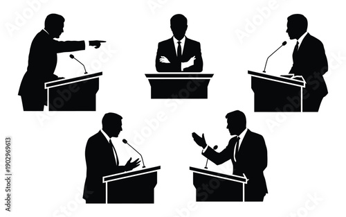 Businessmen debating at podiums with microphones in a formal discussion setting