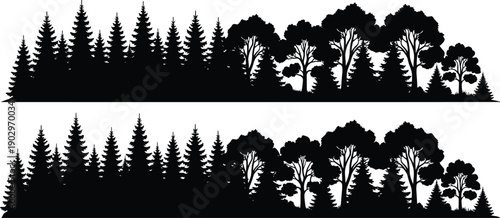 Dense forest silhouette landscape with pine and deciduous trees isolated on white background, black vector woodland horizon scene for nature, outdoor, and design projects
