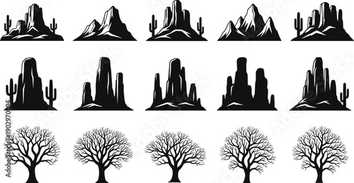 Desert mountain and tree silhouettes collection isolated on white background, black vector landscape set featuring canyon rocks, mesas, cacti, and barren trees