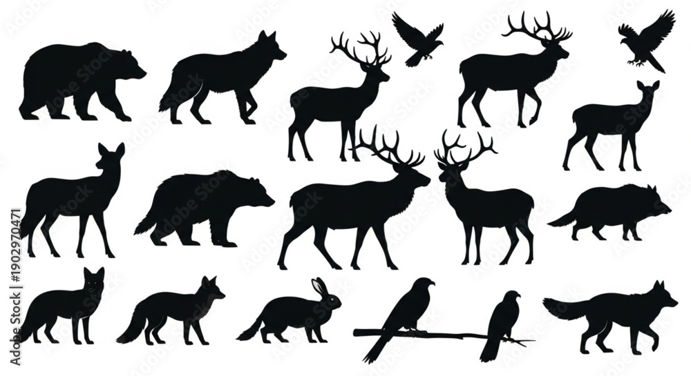 Fototapeta premium Wildlife Silhouettes: A striking collection of diverse animal silhouettes, capturing the essence of the wild. It's a tribute to nature's diversity.