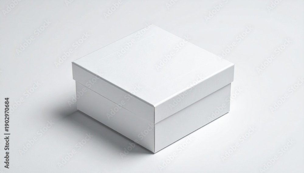 Fototapeta premium A simple, clean white square gift box with a lid on a light background, casting a soft shadow.