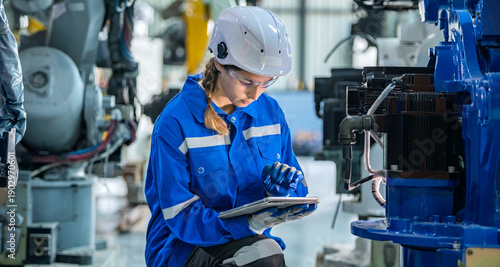 woman engineer in uniform helmet inspection check control heavy machine robot arm construction installation in industrial factory. technician worker check for repair maintenance electronic operation