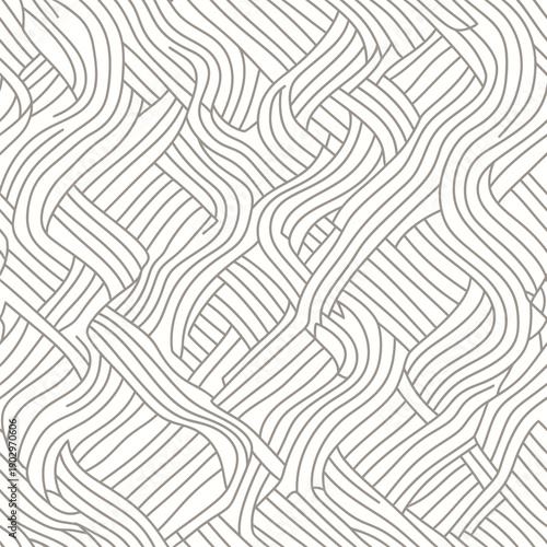 Intricate black and white line art pattern featuring woven and interlocking lines on a plain background with a neutral mood.
