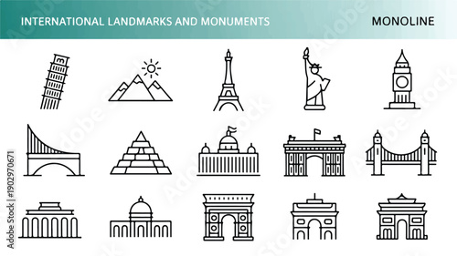 Collection of famous international landmarks and monuments in minimalist line art illustration style