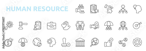 Human Resource icon outline style with team, support, report approval, problem solving, idea, mindset icons