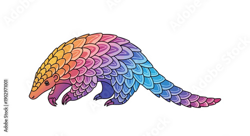 Vibrant rainbow pangolin illustration showcasing colorful scales on a clean white background a