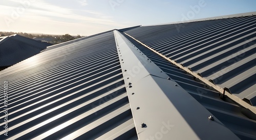 A detailed view of a corrugated metal roof with a central ridge under a bright sky.