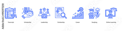 Scholarship and Career Growth web banner icon vector illustration featuring Transcript, Scholarship, Leadership, Scholarship, Career, Studying, and Online Learning.