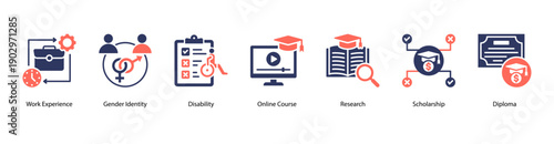Inclusive Academic Research web banner icon vector illustration featuring Work Experience, Gender Identity, Disability, Online Course, Research, Scholarship, and Diploma.