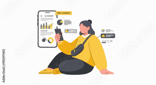 Flat vector illustration , female traveler reviewing trip summary on smartphone
