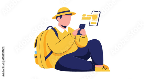Flat vector Illustration , male traveler reviewing travel itinerary on smartphone, relaxed travel mood