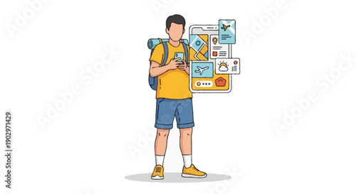 Flat vector illustration ,  male traveler viewing travel app dashboard on smartphone, casual digital travel concept