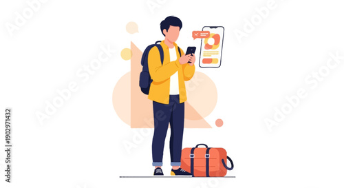 Flat vector illustration , male traveler doing online flight check-in using smartphone