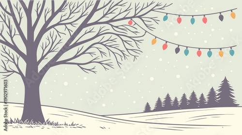 Bare winter tree stands beneath colorful string lights during soft snowfall illustration