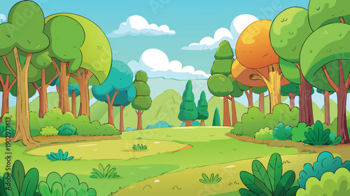Vivid cartoon forest clearing with varied trees under a bright blue sky