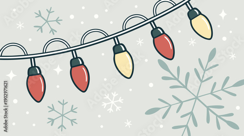 Festive string lights illuminate a charming winter scene with falling snowflakes and foliage