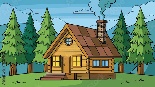 Charming cartoon log cabin nestled among tall green pine trees under blue sky