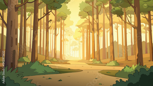 Cartoon style dense forest path bathed in warm sunlight during a serene morning