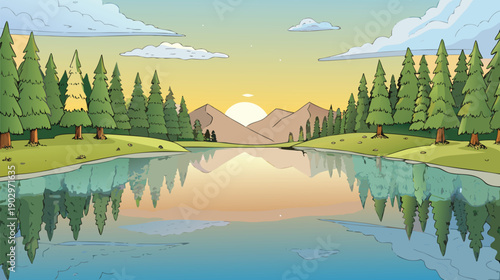 Serene cartoon landscape featuring mountains forest and a calm lake reflecting sunset
