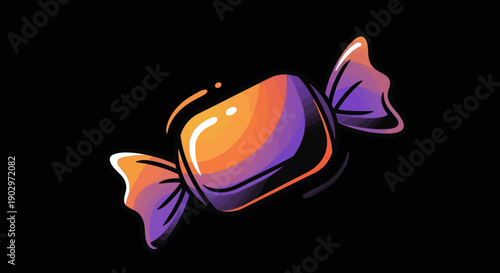 Colorful glowing wrapped candy illustration with sweet orange and purple hues on a black background
