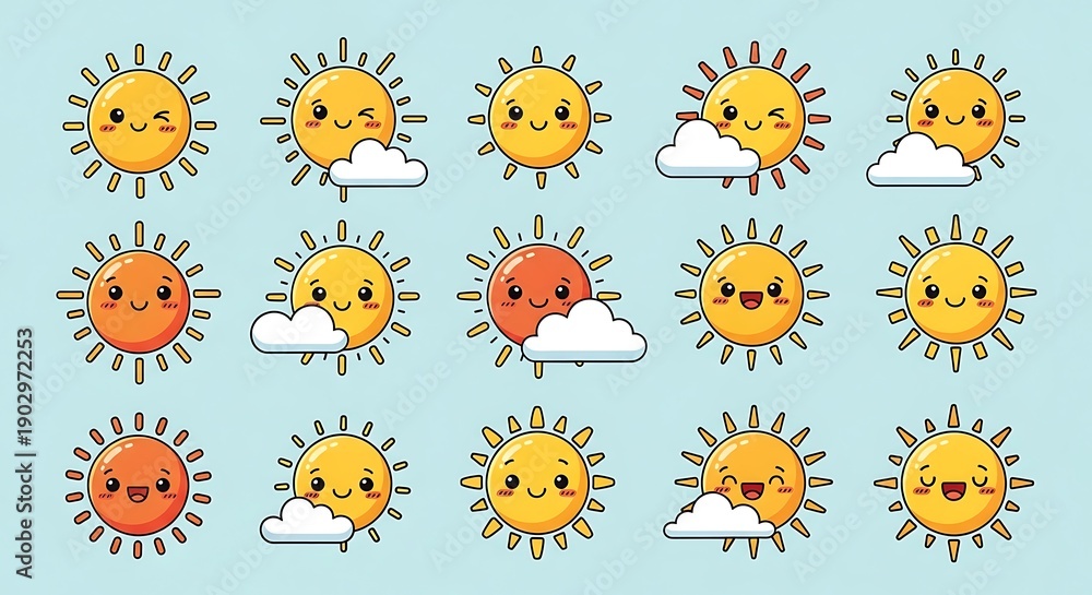 Naklejka premium Cartoon suns and clouds