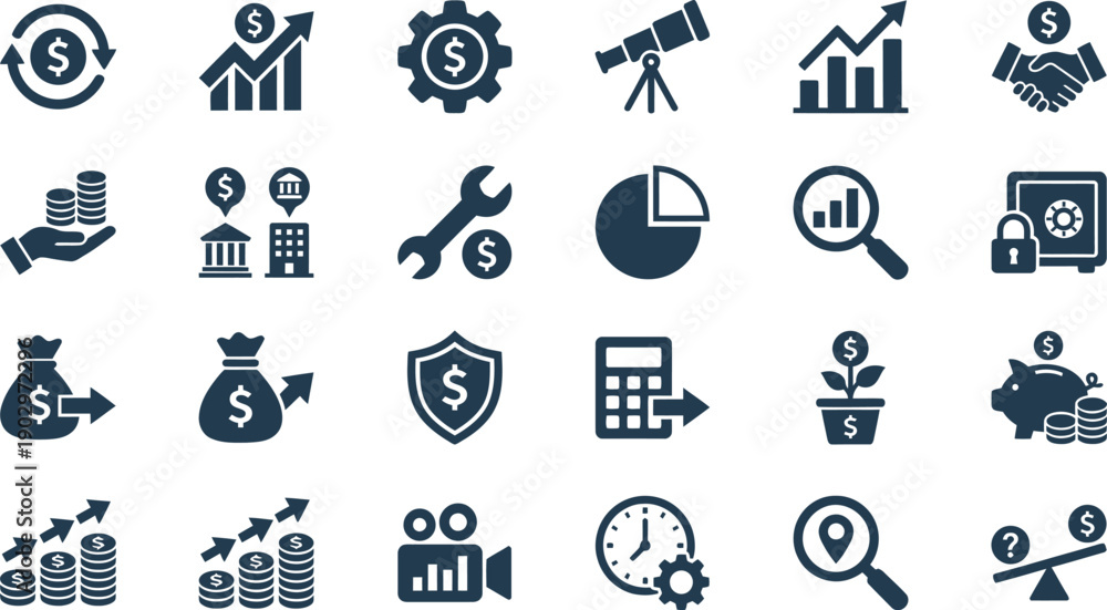 Fototapeta premium Extensive collection of modern financial and business management icons for economic growth and investment strategies