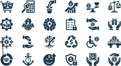 A diverse set of modern vector icons illustrating key concepts in business, finance, social responsibility, ethics, and community growth