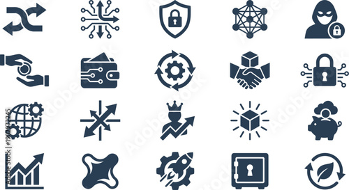 Comprehensive vector icon collection blockchain, cybersecurity, financial growth, and digital business concepts for modern applications and data security