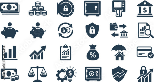 Unified collection of finance, business, banking, investment, and security icons for comprehensive visual themes and modern economic representation