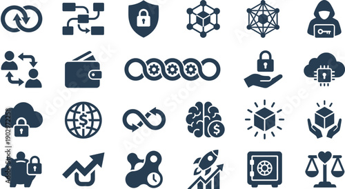 Versatile flat vector icons collection embracing digital technology, robust security, and financial innovation concepts