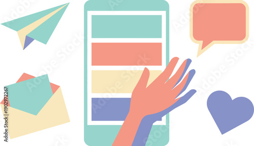 Hand interacting with mobile for digital communication, social media messaging, and content engagement in flat vector style