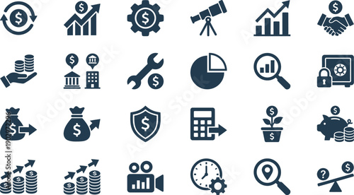 Extensive collection of modern financial and business management icons for economic growth and investment strategies