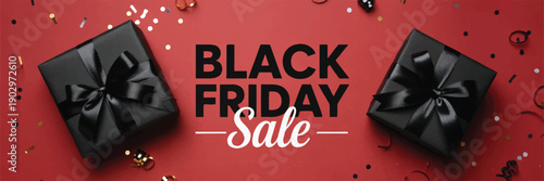 Black Friday sale banner, elegant black gift boxes, festive confetti on vibrant red background for seasonal shopping discounts