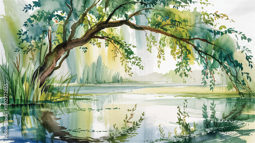 Tranquil watercolor landscape painting of a graceful tree arching over still water, reflecting the peaceful natural scenery