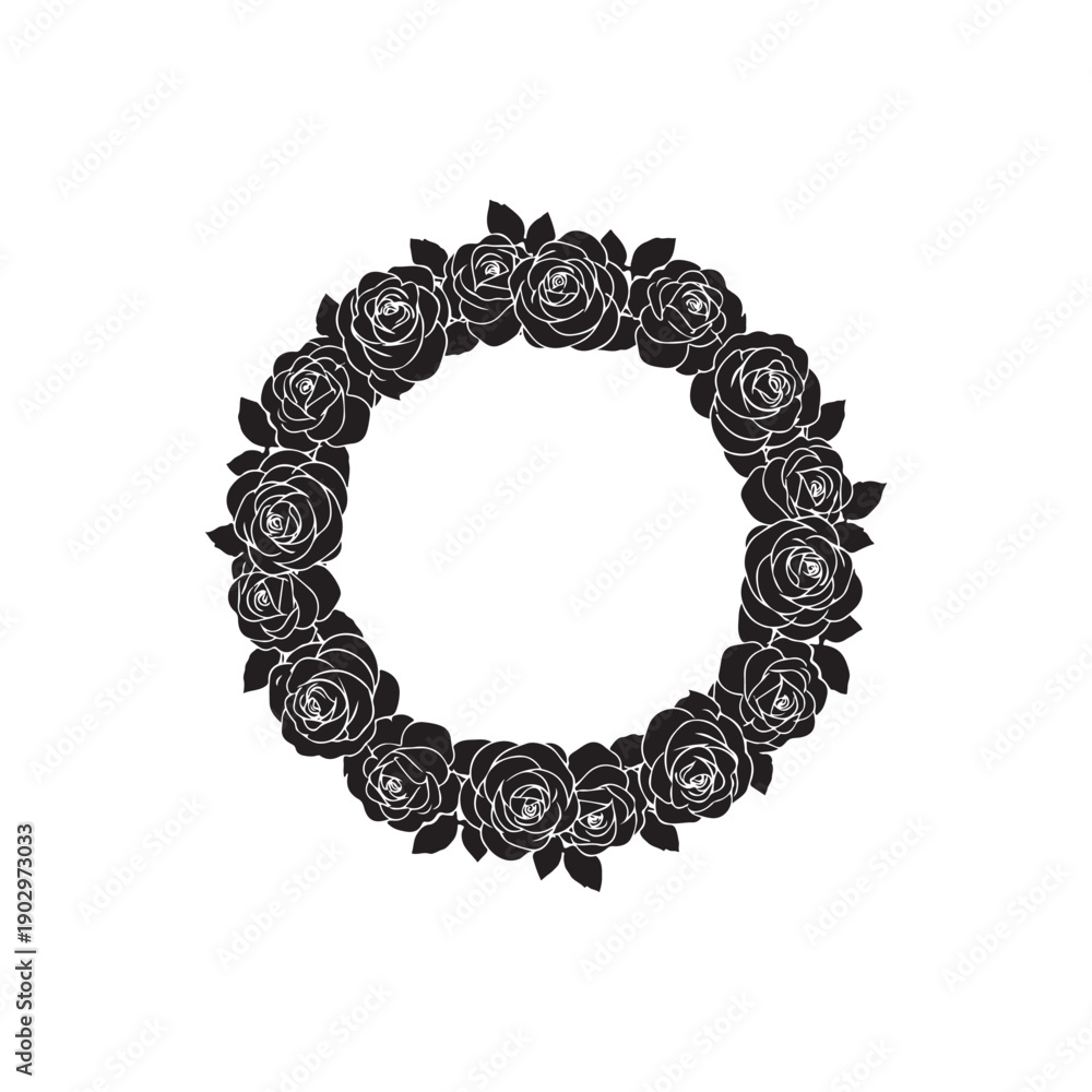 Obraz premium Minimal Round Rose Frame Silhouette in Solid Black Botanical Style