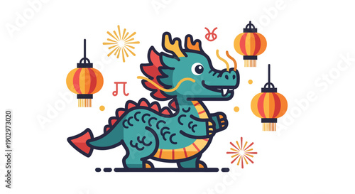 Chinese Dragon with Fireworks and lenterns