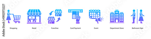 Shopping Basics web banner vector illustration featuring Shopping, Retail, Franchise, Card Payment, Event, Department Store, and Bathroom Sign.