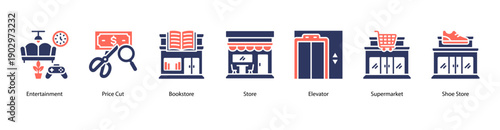 Retail Stores web banner vector illustration featuring Entertainment, Price Cut, Bookstore, Store, Elevator, Supermarket, and Shoe Store.
