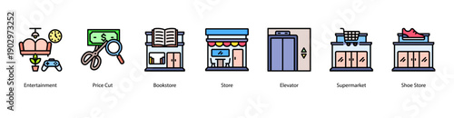 Retail Stores web banner vector illustration featuring Entertainment, Price Cut, Bookstore, Store, Elevator, Supermarket, and Shoe Store.