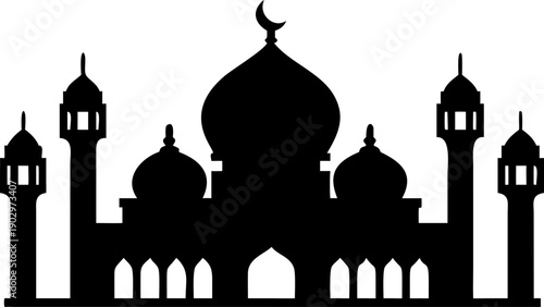 Majestic mosque silhouette with crescent moon and minarets
