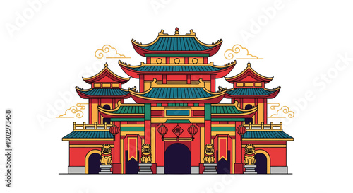 Traditional Chinese Temple Building Illustration.