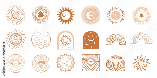 Collection of abstract sun and moon illustrations in terracotta tones