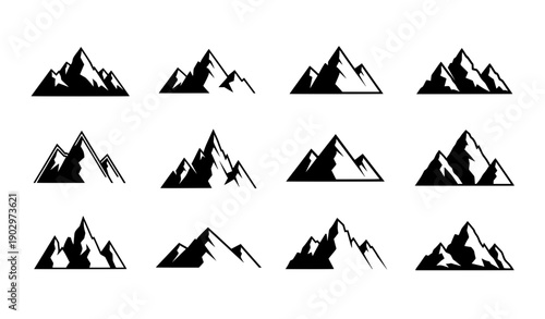 Minimalist black mountain peak silhouette icon set with geometric alpine shapes in flat vector style